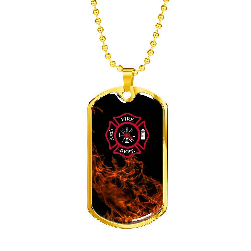 Engraved Gold Dog Tag Pendant With Ball Chain - Fire Dept - Gift for Boyfriend - Gift for Men