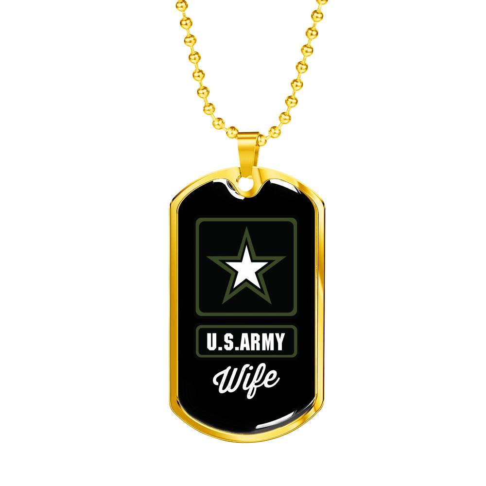 Gold Dog Tag Pendant With Ball Chain - US Army Wife - Gift for Wife - Gift for Women