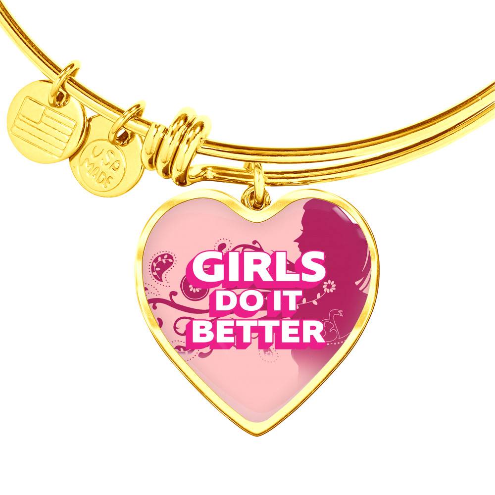 Gold Heart Pendant Bangle - High Quality Surgical Steel - Girls Do It Better - Gift for Girlfriend - Gift for Women