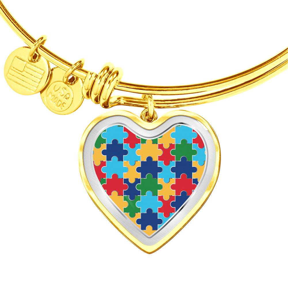 Gold Heart Pendant Bangle - High Quality Surgical Steel - Autism Awareness  Puzzle - Gift for Daughter - Gift for Women