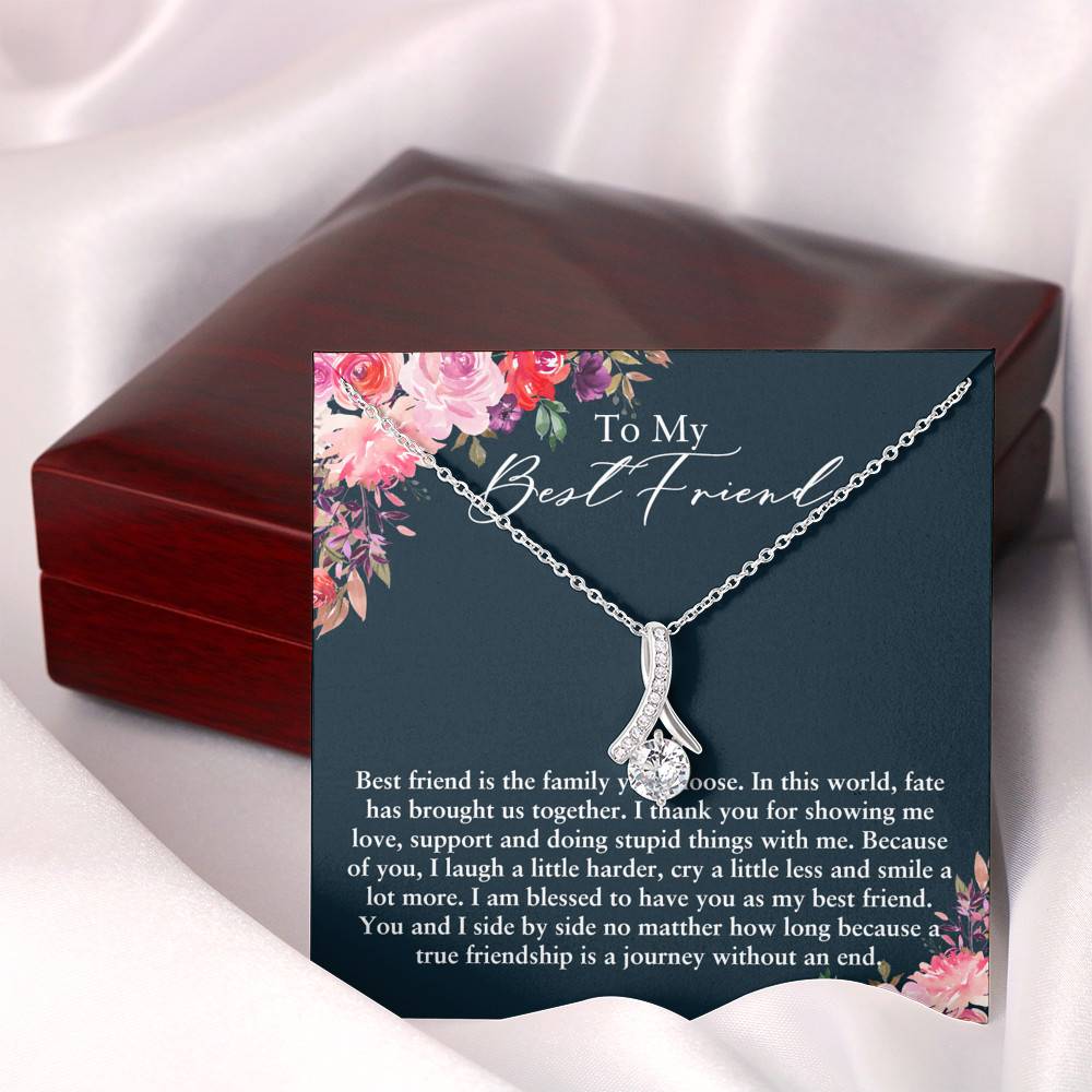 Alluring Beauty Necklace with Mahogany Style Luxury Box and Message Card - Dainty Cubic Zirconia - True Friendship is a Journey without a End - Gift for my Friend - Gift for Women