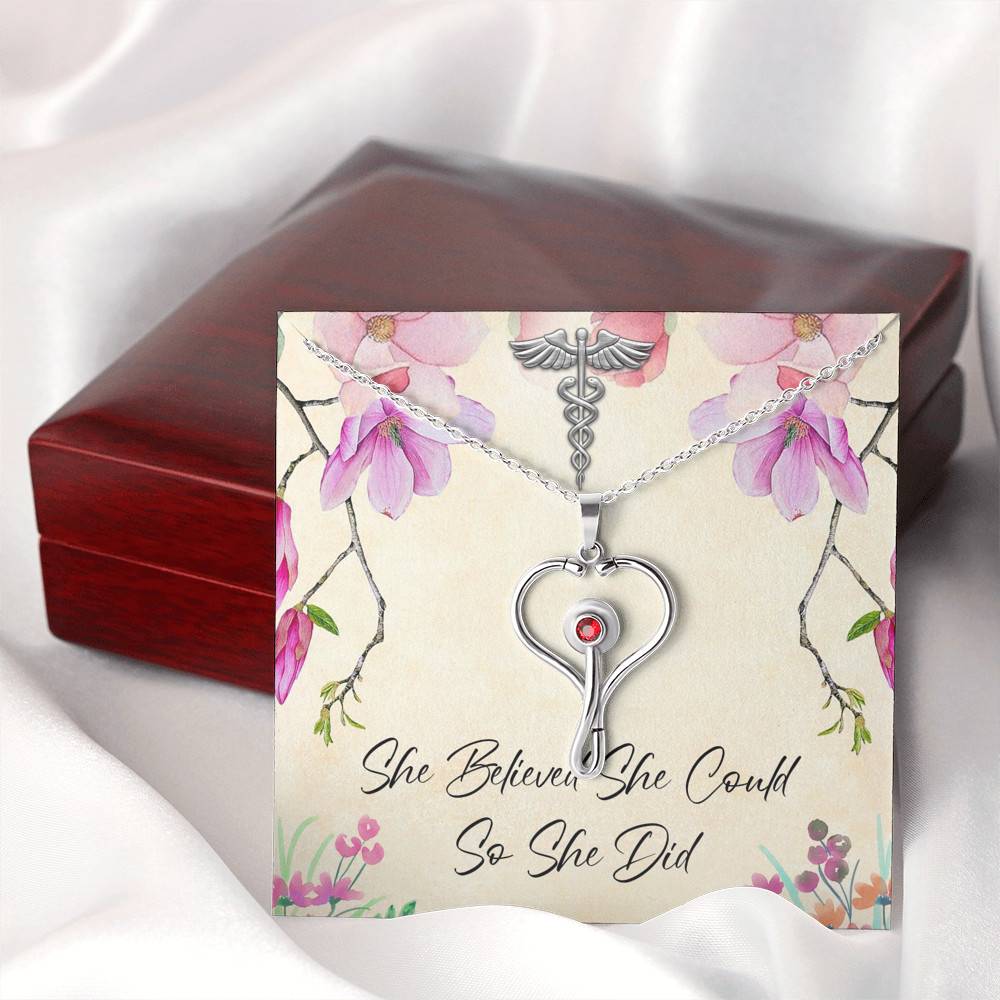 Stethoscope Pendant Necklace in a Gift Box with Message Card - 22" Cable Chain Necklace Pendant with 3mm Red Swarovski Crystal - Gifts for Women - She Believed She Could So She Did