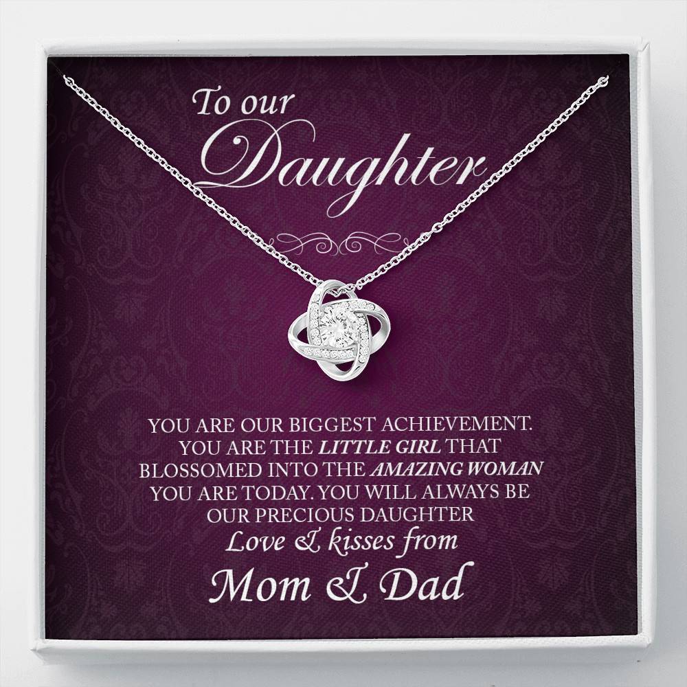 Love Knot Necklace with Message Card and Gift Box - Artisan-designed and crafted 14k white-gold - You Will Always Be Our Precious Daughter - Gift for Daughter - Gift for Women