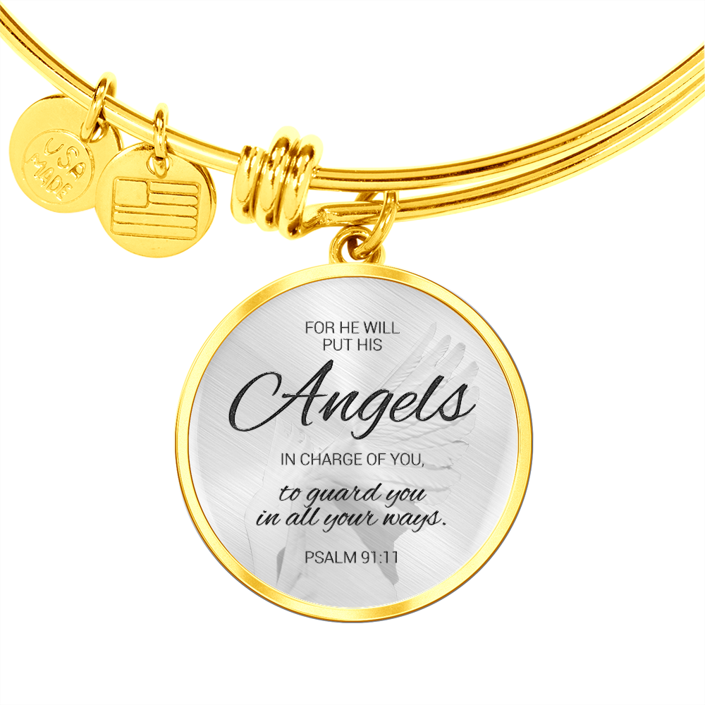 Gold Circle Pendant Bangle - For He, Will Put His Angels In Charge Of You, To Guard You - Gift for Girlfriend - Gift for Women