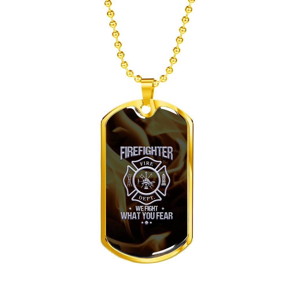 Engraved Gold Dog Tag Pendant With Ball Chain - We Fight What You Fear - Gift for Son - Gift for Men