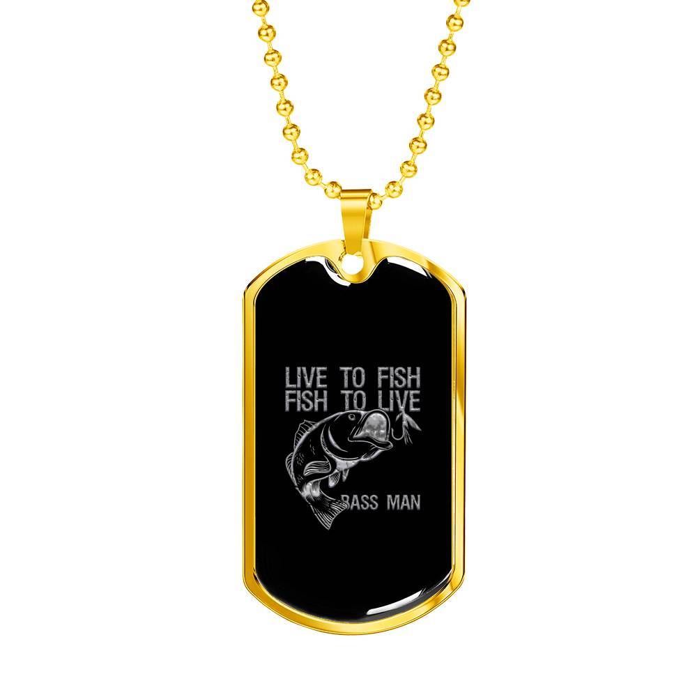 Engraved Gold Dog Tag Pendant With Ball Chain - Live to Fish-Fish to Live - Gift for Grandfather - Gift for Men