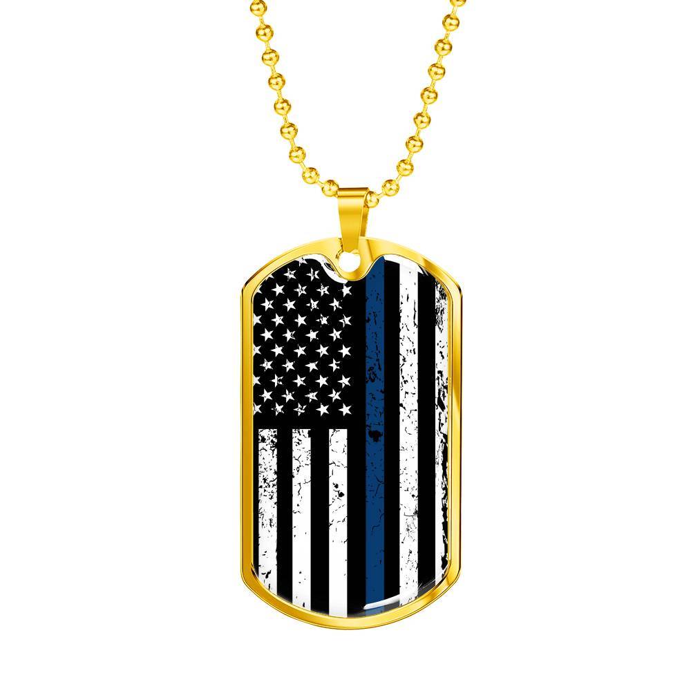 Engraved Gold Dog Tag Pendant With Ball Chain - Thin Blue Line - Gift for Boyfriend - Gift for Men