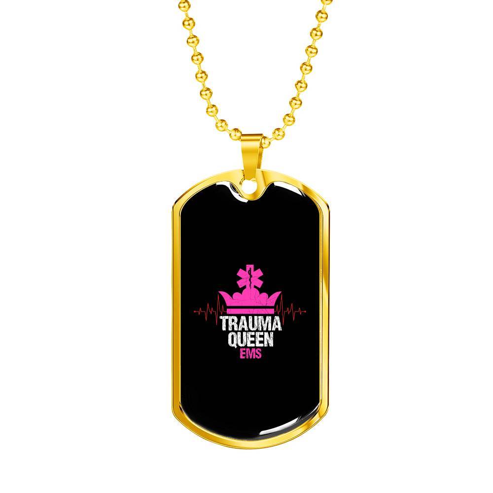 Engraved Gold Dog Tag Pendant With Ball Chain - Trauma Queen -EMS - Gift for Girlfriend - Gift for Women