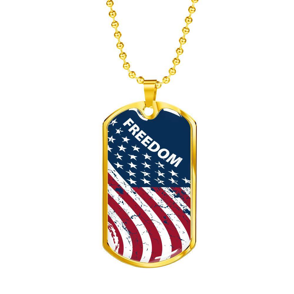 Gold Dog Tag Pendant With Ball Chain - Freedom Flag - Gold - Gift for Grandfather - Gift for Men