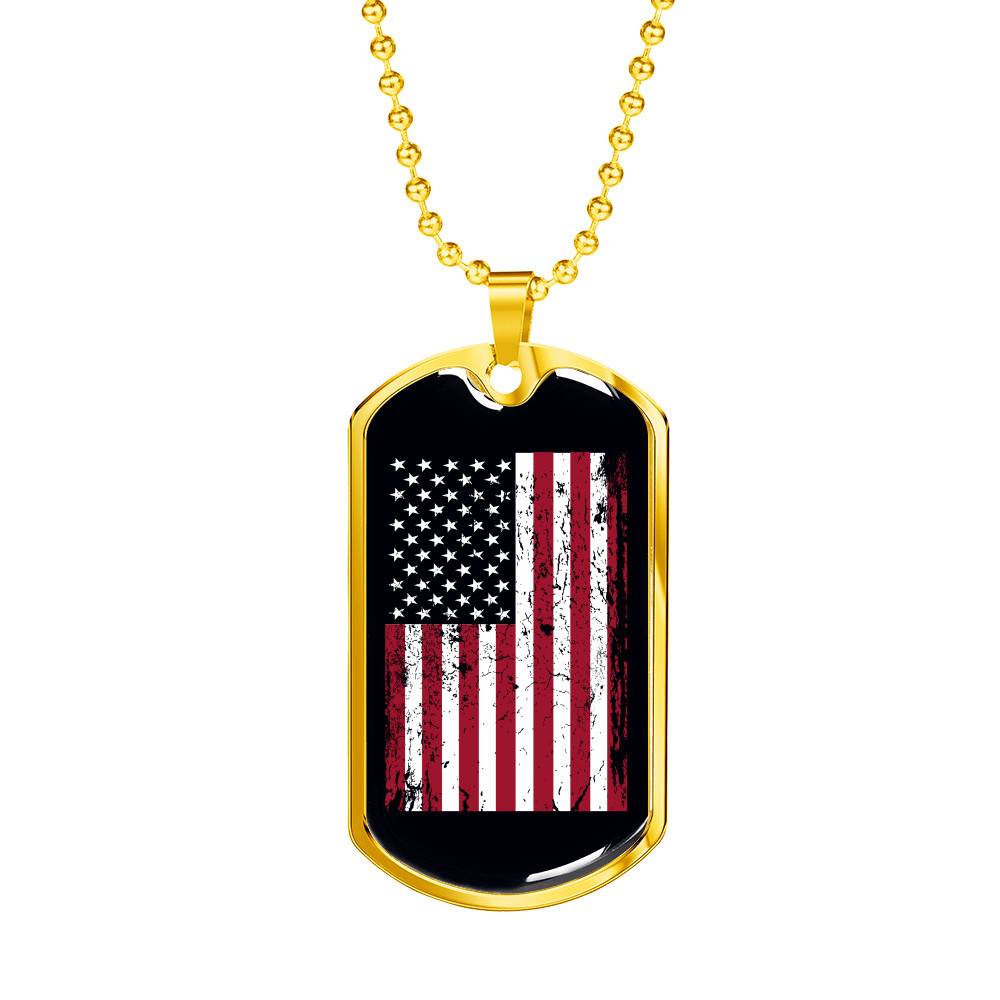 Gold Dog Tag Pendant With Ball Chain - USA Flag - Gold - Gift for Grandfather - Gift for Men