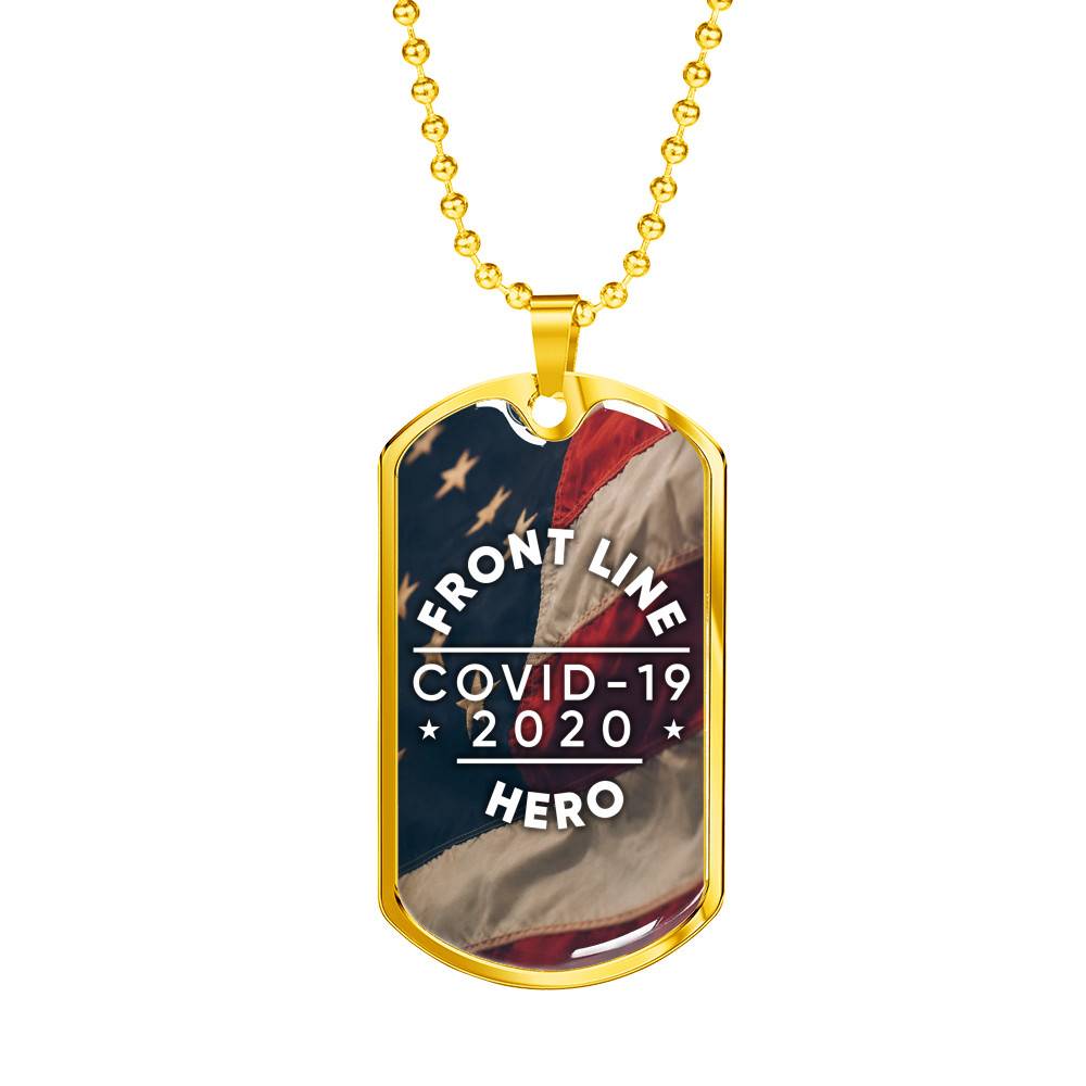 Gold Dog Tag Pendant With Ball Chain - Front Line Hero - Gift for Husband - Gift for Men