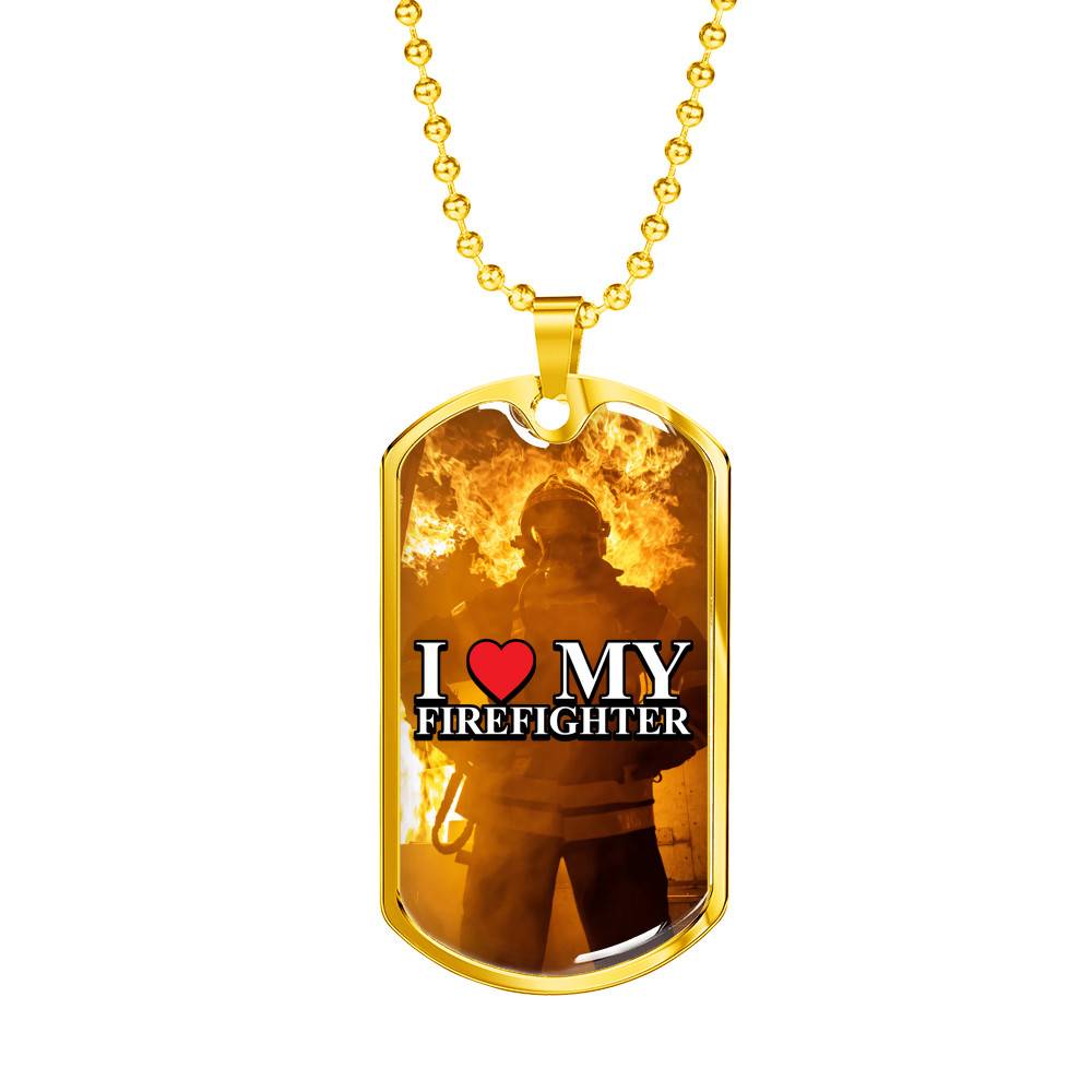 Gold Dog Tag Pendant With Ball Chain - I Love My Firefighter - Gift for Grandfather - Gift for Men