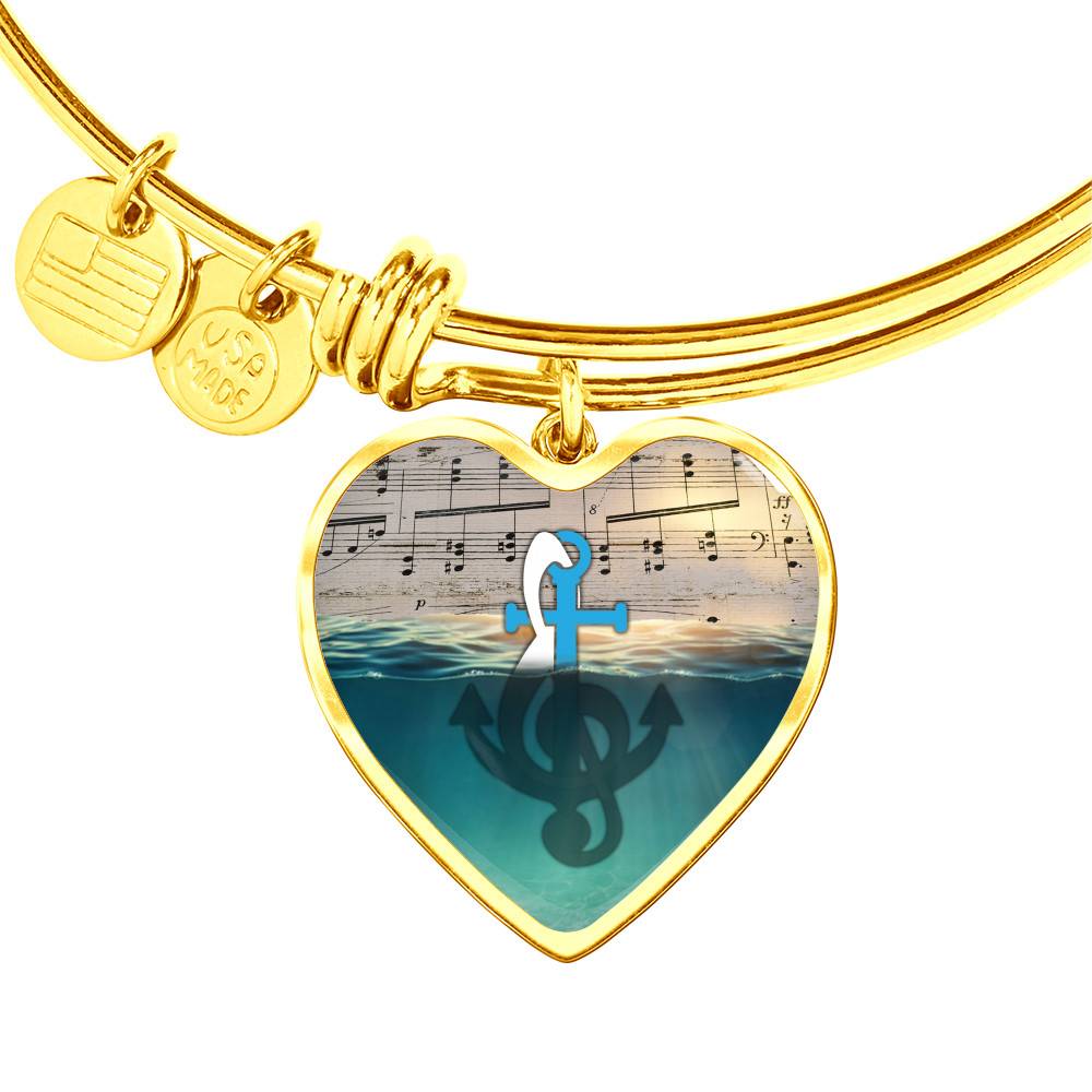 Gold Heart Pendant Bangle - High Quality Surgical Steel - Anchor Wrapped Music Note - Gift for Daughter - Gift for Women