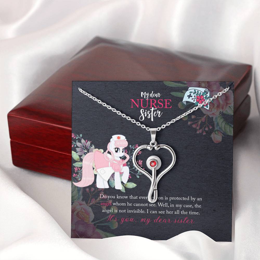Stethoscope Pendant Necklace in a Gift Box with Message Card - 22" Cable Chain Necklace Pendant with 3mm Red Swarovski Crystal - Gifts for Sister - My Dear Nurse Sister
