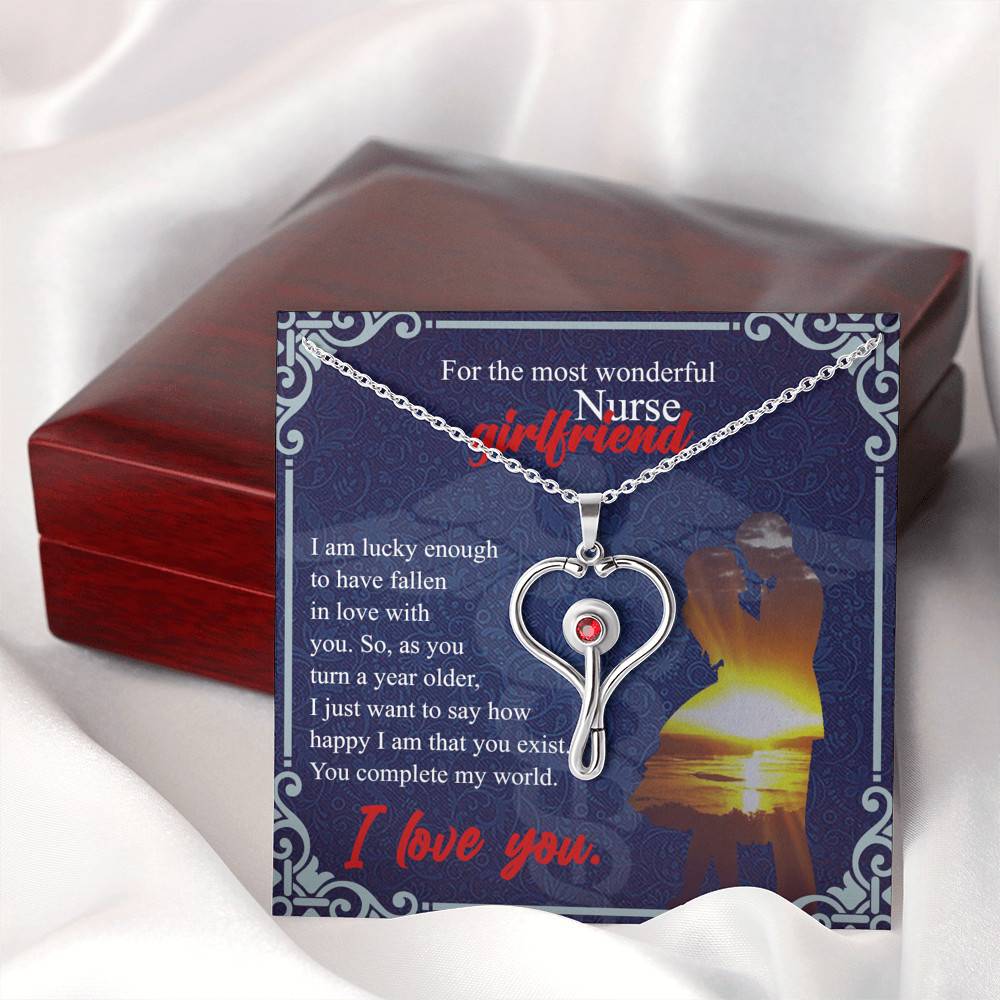 Stethoscope Pendant Necklace in a Gift Box with Message Card - 22" Cable Chain Necklace Pendant with 3mm Red Swarovski Crystal - Gifts for Girlfriend - For The Most Wonderful Nurse Girlfriend