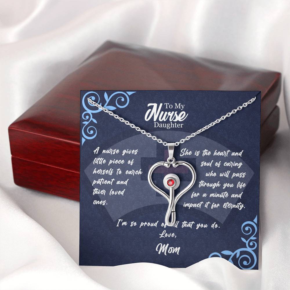 Stethoscope Pendant Necklace in a Gift Box with Message Card - 22" Cable Chain Necklace Pendant with 3mm Red Swarovski Crystal - Gifts for Daughter - To My Nurse Daughter