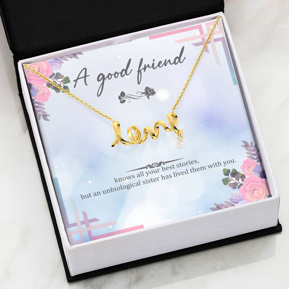 Scripted Love Necklace with Message Card (18k Yellow Gold Scripted Love) - A Good Friend Knows All Your Best Stories - Gift for Friend - Gift for Women