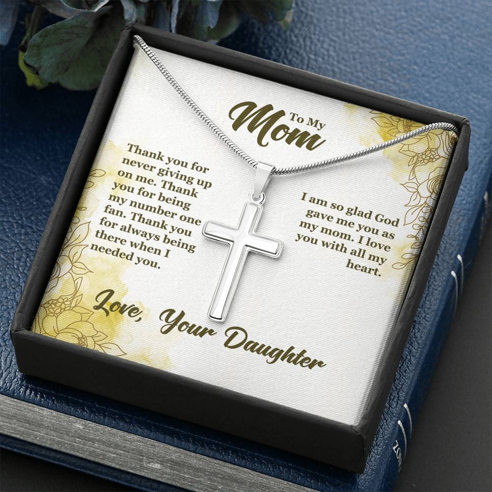 Artisan Crafted 14k White Gold Cross Necklace with Message Card - To My Mom, Thank You For Not Giving Up On Me - Gift for Mother - Gift for Women