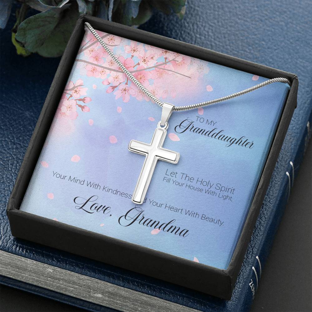 Artisan Crafted 14k White Gold Cross Necklace with Message Card - Love, Grandma - Gift for Granddaughter - Gift for Women