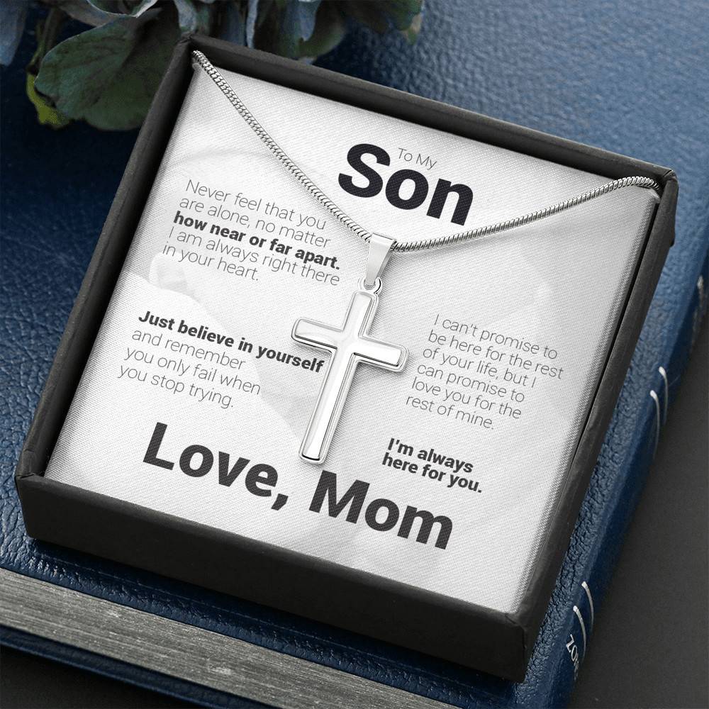 Artisan Crafted 14k White Gold Cross Necklace with Message Card - To My Son, I'm Always Here For You - Gift for Son - Gift for Men