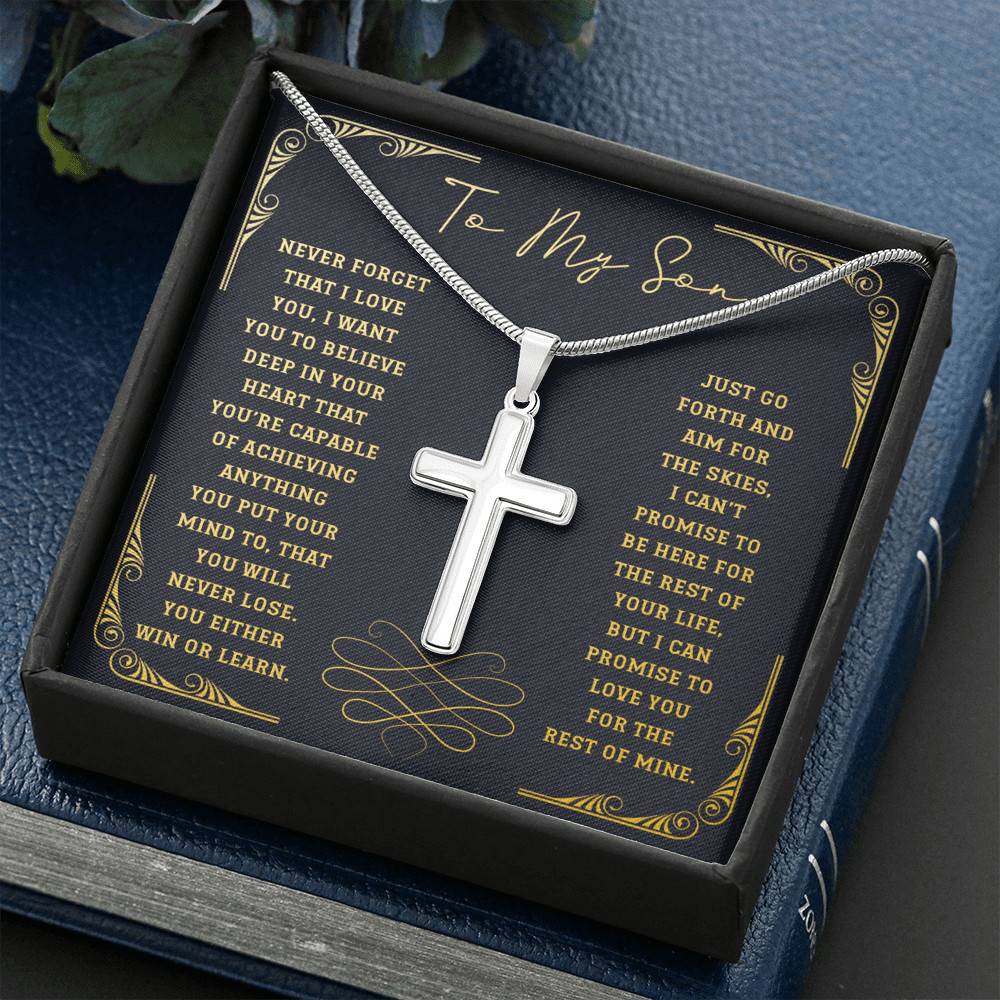 Artisan Crafted 14k White Gold Cross Necklace with Message Card - To My Son, Never Forget That I Love You - Gift for Son - Gift for Men