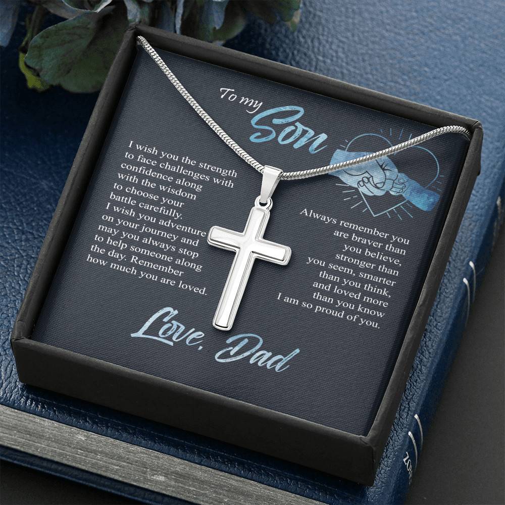 Artisan Crafted 14k White Gold Cross Necklace with Message Card - To My Son, Always Remember You Are Braver Than You Believe - Gift for Son - Gift for Men