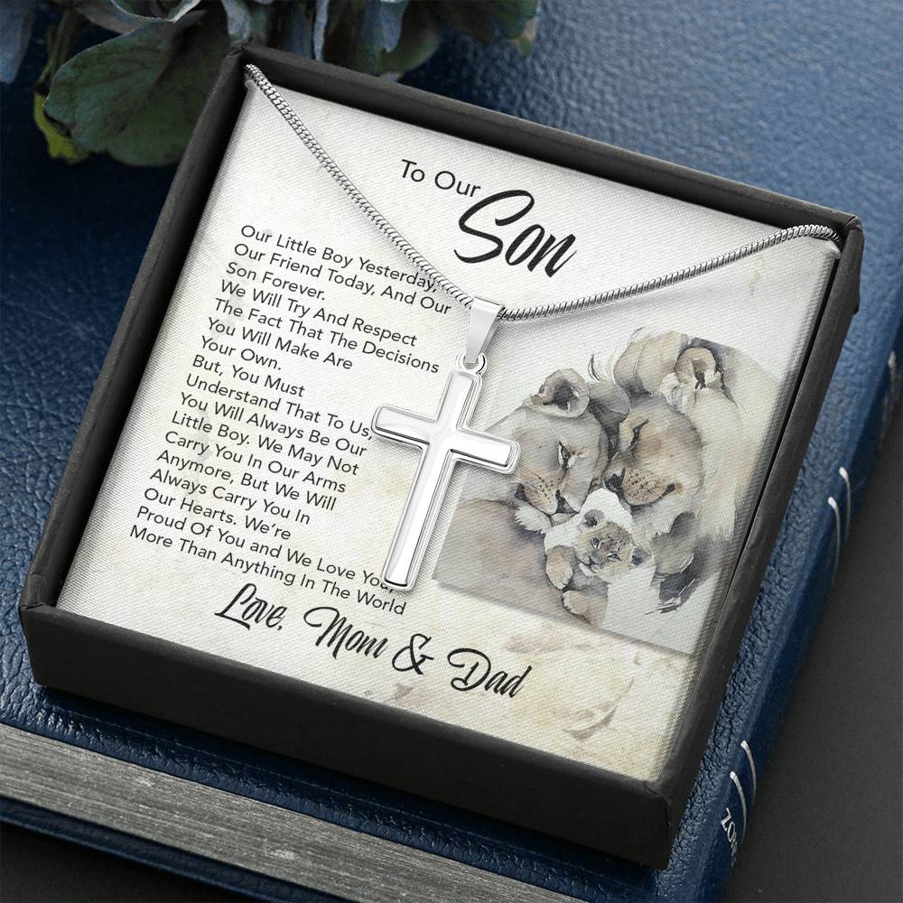 Artisan Crafted 14k White Gold Cross Necklace with Message Card - To My Son, Our Little Boy Yesterday, Our Friend Today - Gift for Son - Gift for Men