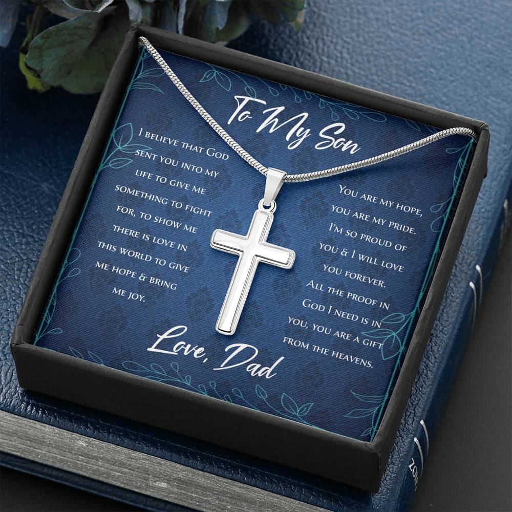 Artisan Crafted 14k White Gold Cross Necklace with Message Card - To My Son, You Are My Hope, You Are My Son - Gift for Son - Gift for Men