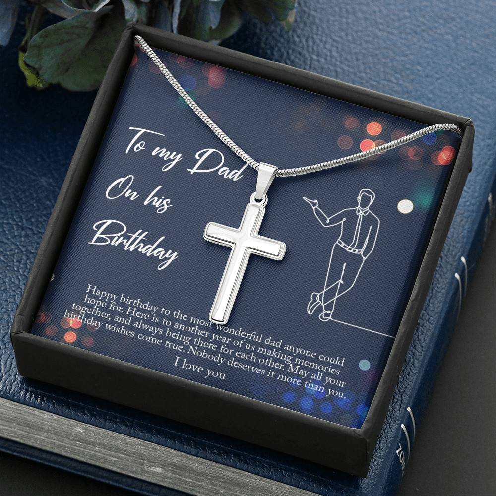 Artisan Crafted 14k White Gold Cross Necklace with Message Card - To My Dad, On His Birthday - Gift for Dad - Gift for Men