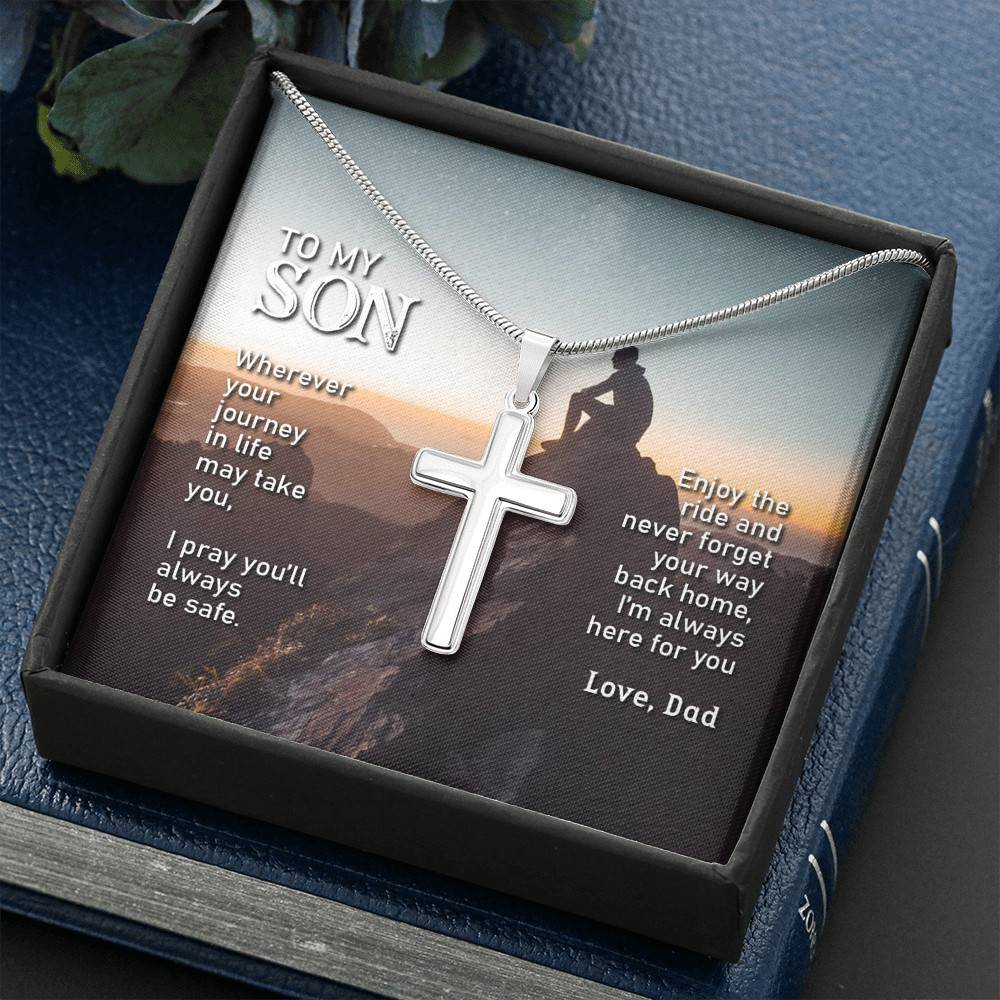 Artisan Crafted 14k White Gold Cross Necklace with Message Card - To My Son, I Pray You'll Always Be Safe - Gift for Son - Gift for Men