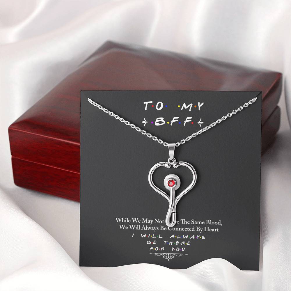Stethoscope Pendant Necklace in a Gift Box with Message Card - 22" Cable Chain Necklace Pendant with 3mm Red Swarovski Crystal - Gifts for Best Friend - To My BFF I Will Always Be There For You - STETHOSCOPE