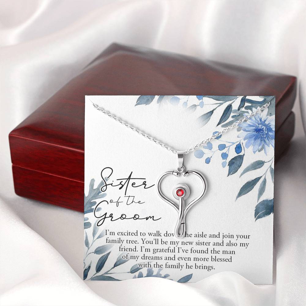 Stethoscope Pendant Necklace in a Gift Box with Message Card - 22" Cable Chain Necklace Pendant with 3mm Red Swarovski Crystal - Gifts for Sister - Sister Of The Groom - STETHOSCOPE