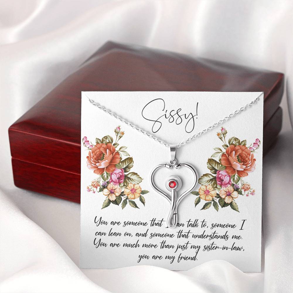 Stethoscope Pendant Necklace in a Gift Box with Message Card - 22" Cable Chain Necklace Pendant with 3mm Red Swarovski Crystal - Gifts for Sister - Sissy - STETHOSCOPE