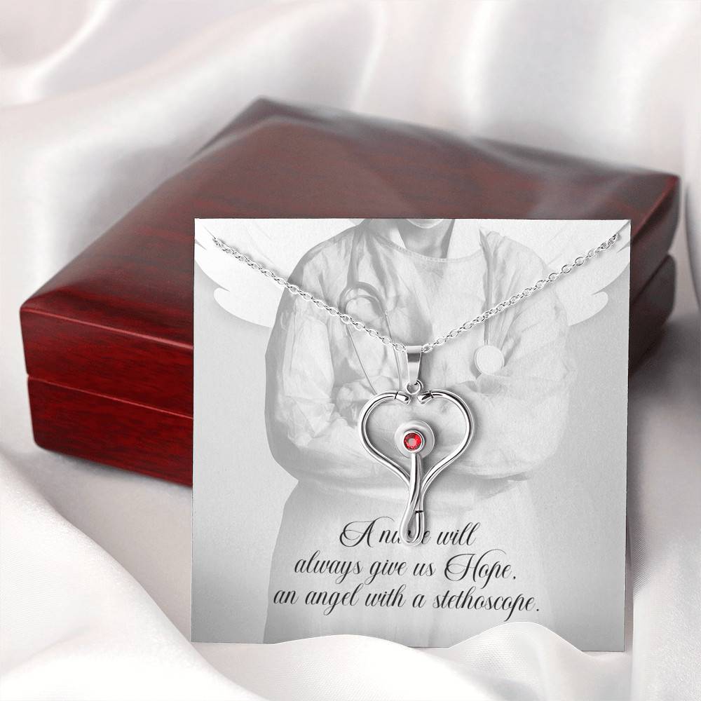 Stethoscope Pendant Necklace in a Gift Box with Message Card - 22" Cable Chain Necklace Pendant with 3mm Red Swarovski Crystal - Gifts for Women - A Nurse Will Always Give Us Hope
