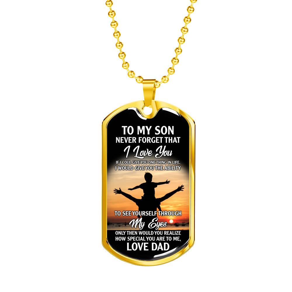 Gold Dog Tag Pendant With Ball Chain - Through My Eyes - Gift for Son - Gift for Men