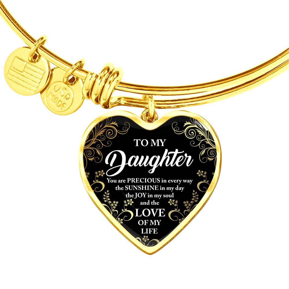 Gold Heart Pendant Bangle - High Quality Surgical Steel - To My Daughter - You Are Precious - Gift for Daughter - Gift for Women
