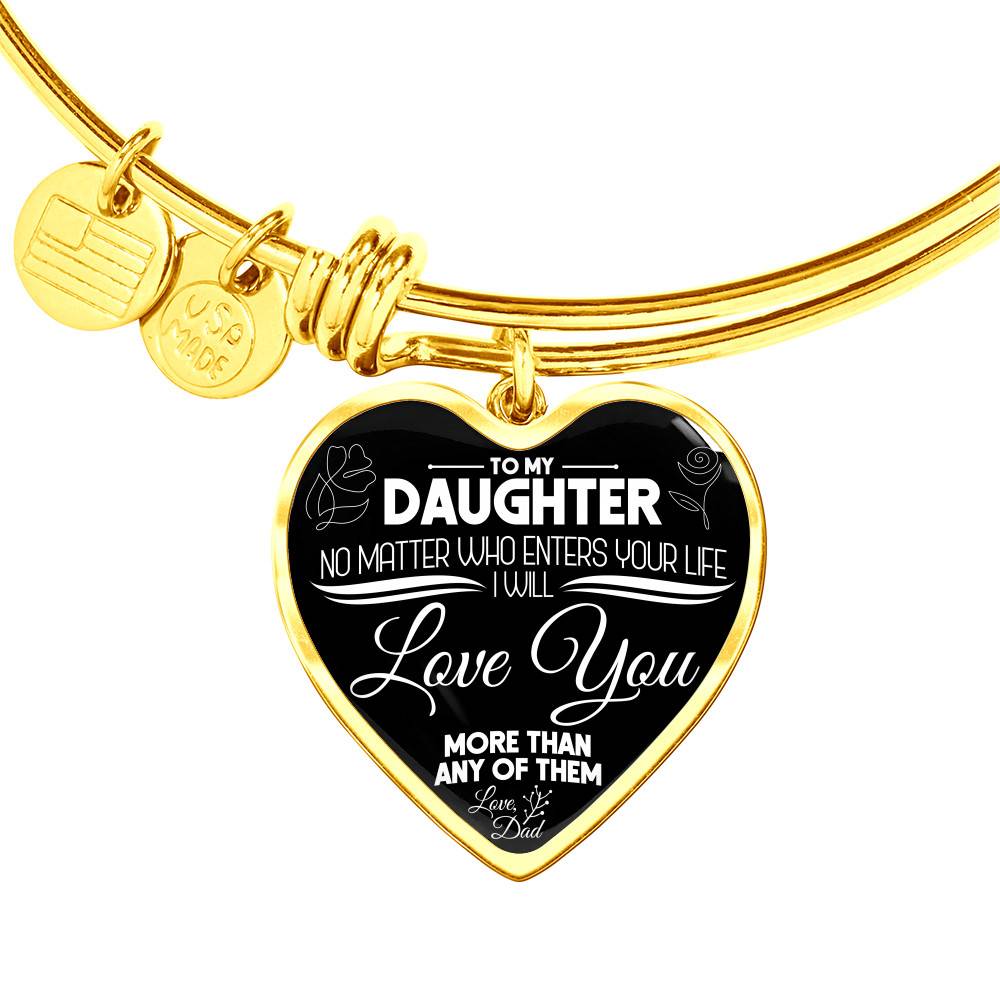 Gold Heart Pendant Bangle - High Quality Surgical Steel - To My Daughter - I Will Love You - Gift for Daughter - Gift for Women