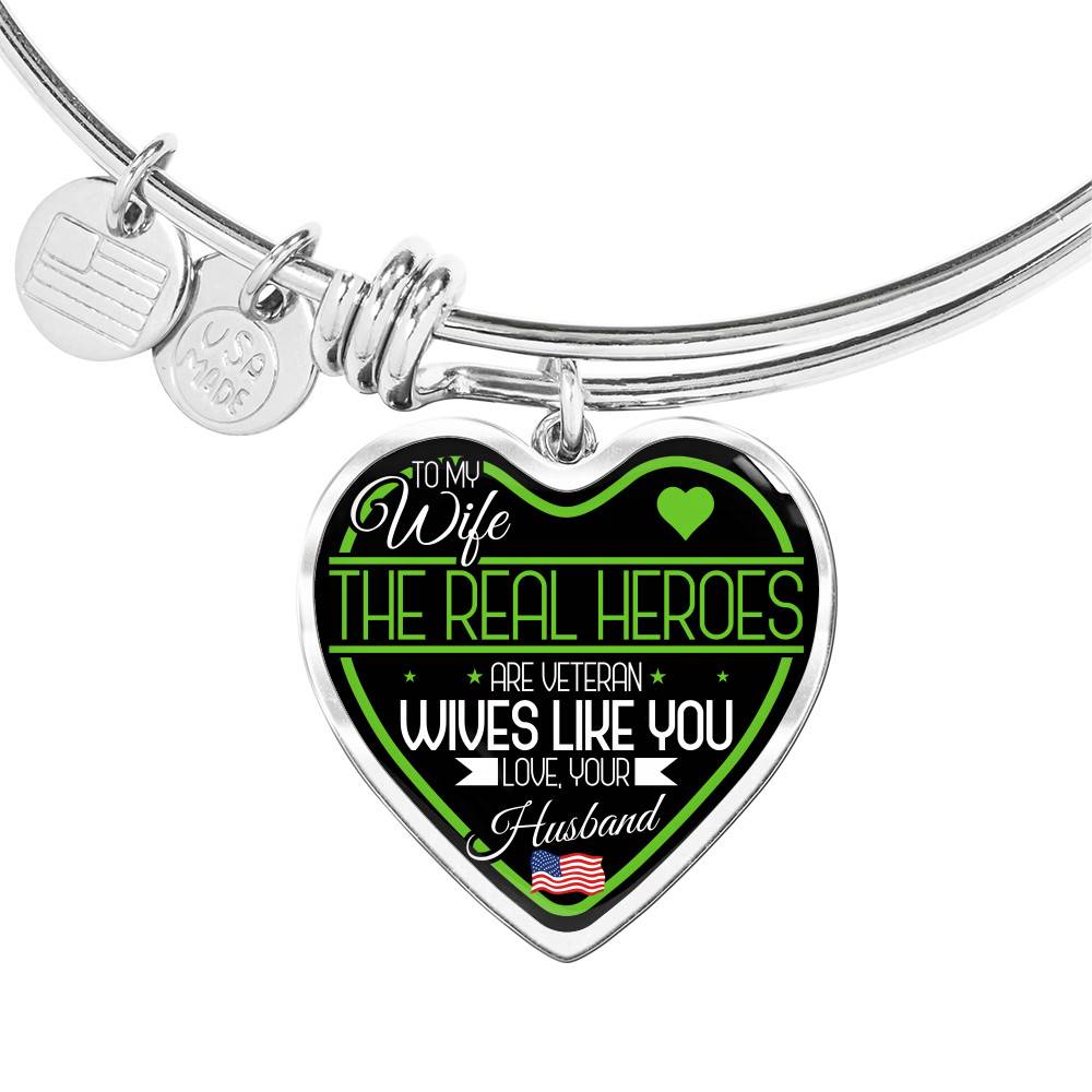 Stainless Heart Pendant Bangle - To My Wife - Veterans Heart - Gift for Wife - Gift for Women