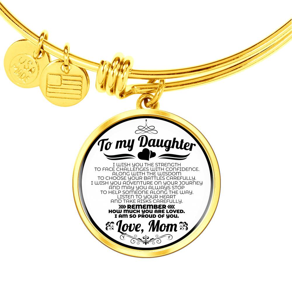 Gold Circle Pendant Bangle - To My Daughter - Love, Mom - Gift for Daughter - Gift for Women