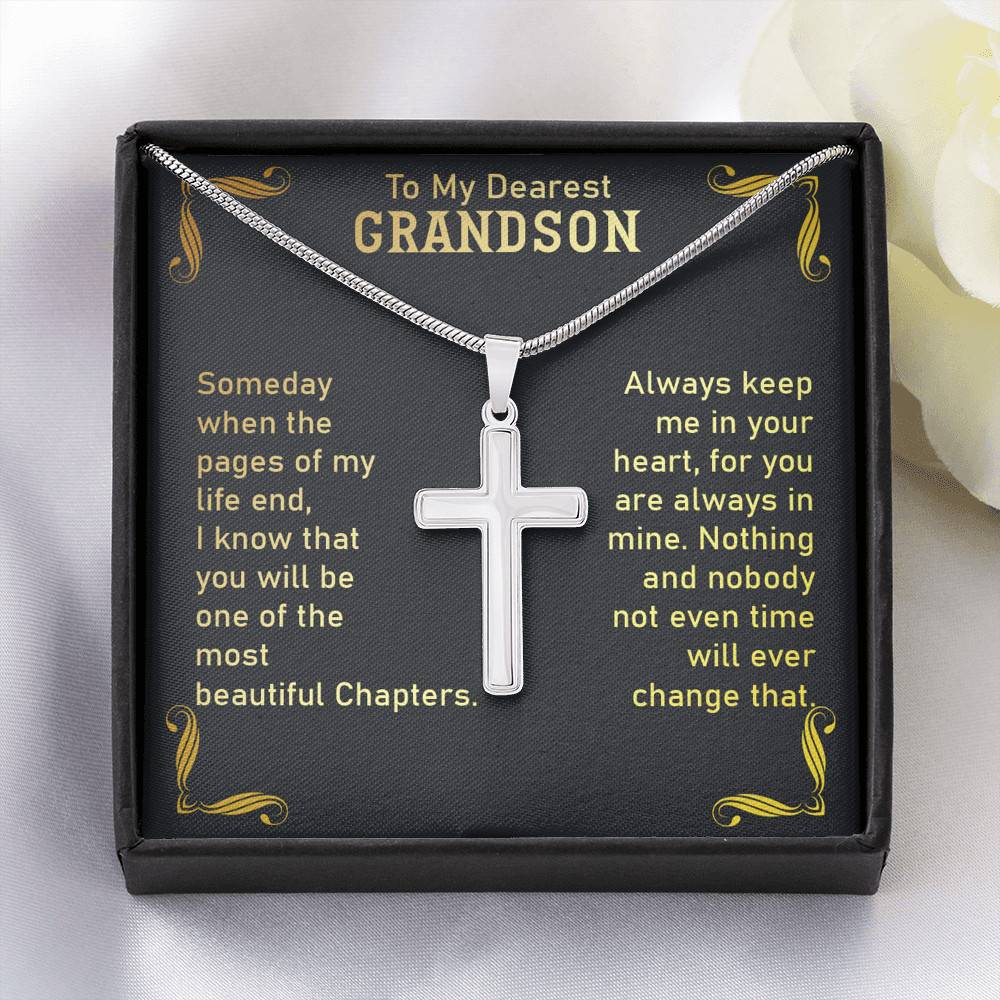 Artisan Crafted 14k White Gold Cross Necklace with Message Card - To My Dearest Grandson - Gift for Grandson - Gift for Men