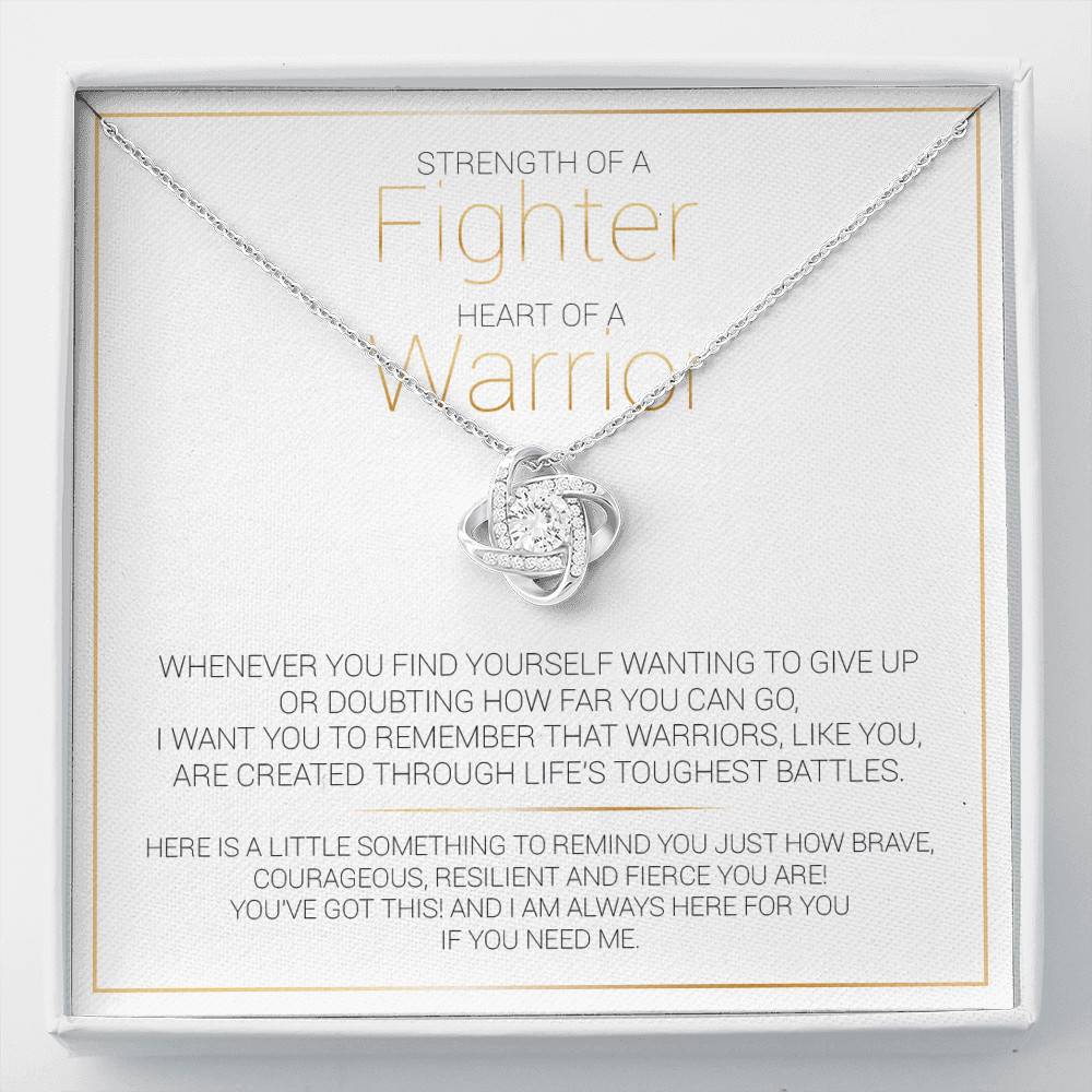 Love Knot Necklace with Message Card and Gift Box - Artisan-designed and crafted 14k white-gold - Strength of a Fighter - Gift for Daughter - Gift for Women