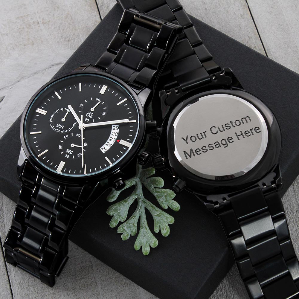 Customizable Engraved Black Chronograph Watch - Water-resistant and Scratch-proof vessel -Personalized Gift for Men