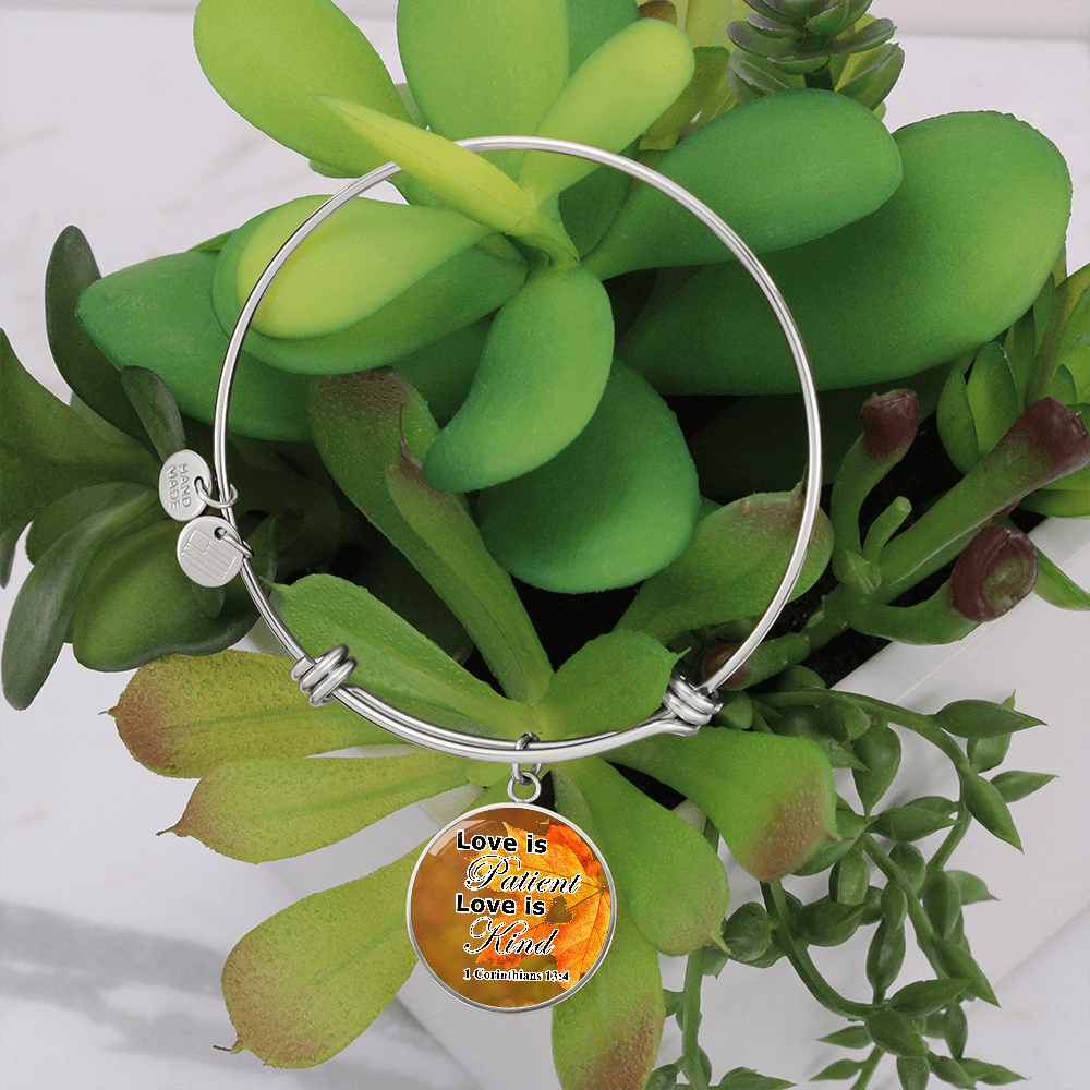 Luxury Bangle Circle Pendant - Love is Patient - Love is Kind - Gift for Women